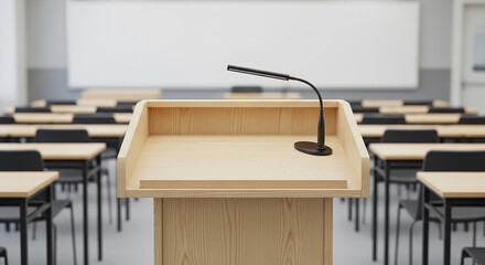 Wooden Podium with Microphone in Classroom with Desks