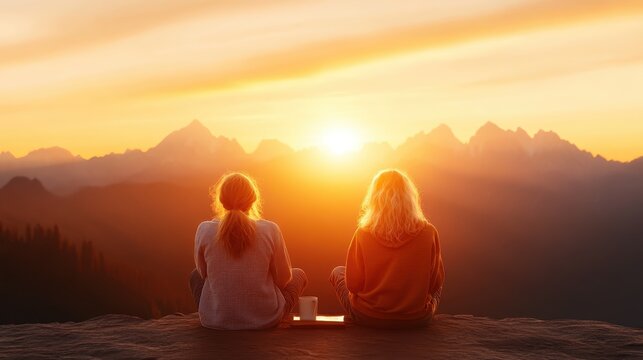 Two friends sit side by side atop a mountain at sunset, surrounded by breathtaking natural views, embodying friendship, peace, and the beauty of nature's transition.