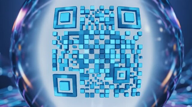 Vantage shot of digital QR codes inside glass spheres on a futuristic background