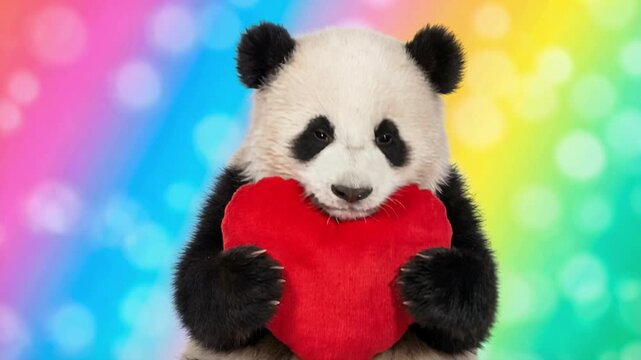 Sweet panda cub hugging red heart shaped pillow close up colorful studio background romantic animal love concept video 4k stock footage