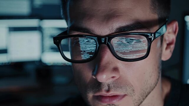 Closeup caucasian developer wearing glasses, late-night workstation with reflected code on lenses, focused expression scanning terminal, fingers typing on keyboard, soft blue monitor glow, blurred