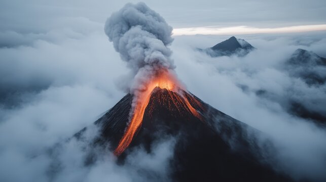 A dramatic image of a volcano erupting and belching smoke amidst clouds, showcasing the raw power of nature and environmental dynamics.