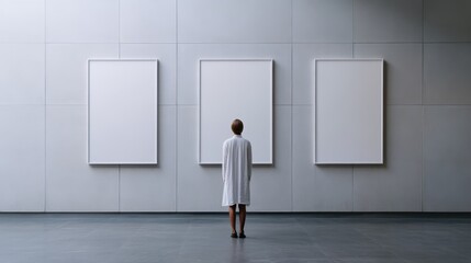 Fototapeta premium A thought-provoking scene of a person standing in an art gallery, confronted by three blank canvases that invite imagination and introspection into the art world.