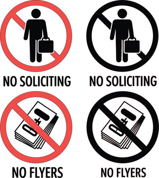 No soliciting and no flyers prohibited sign vector set with red and black circles featuring salesman with briefcase and pamphlet.