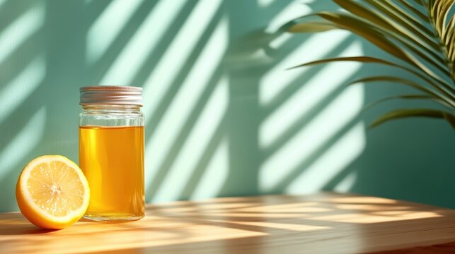 A glass bottle of lemon juice sits beside a cut lemon, bathed in soft sunlight, casting artistic shadows that highlight freshness and vibrant citrus appeal.