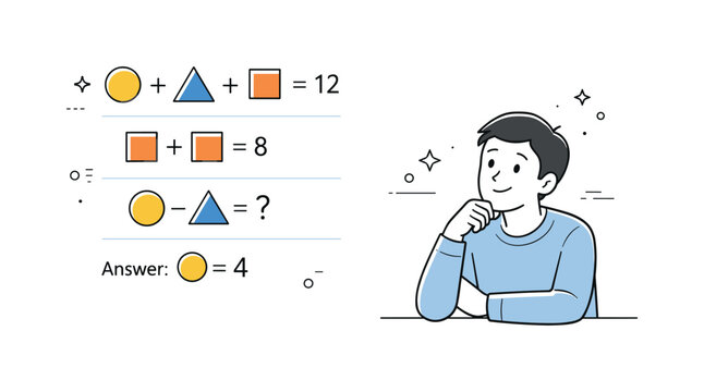 Logic puzzle concept. Simple symbols, numbers, or shapes arranged like a brain teaser, person observing calmly. Clean editorial scene of