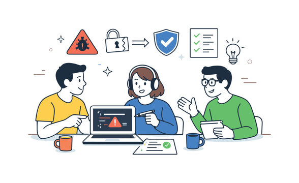 Code review for security. Team members discussing code at a table, pointing at vulnerabilities and solutions with friendly collaboration.