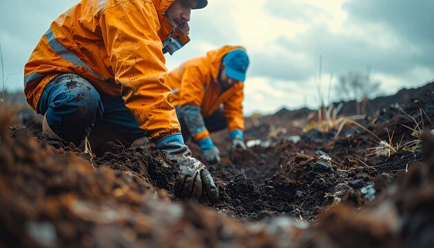 Environmental workers carefully examining soil for contaminants in a field