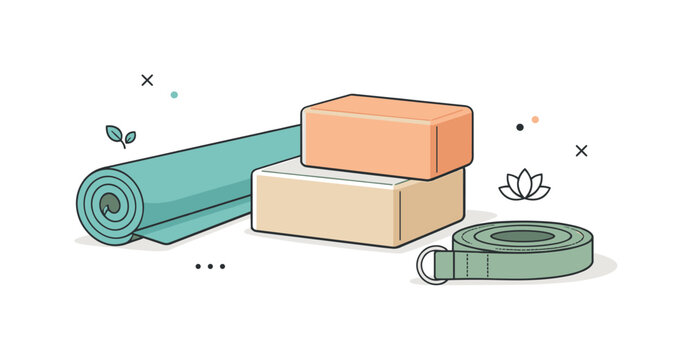 Minimalist Yoga Props. Yoga props minimal. A clean arrangement of yoga blocks, a rolled mat, and a strap placed neatly on a calm surface. Peaceful movement