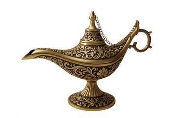 A golden lamp with intricate designs on it isolated on white background