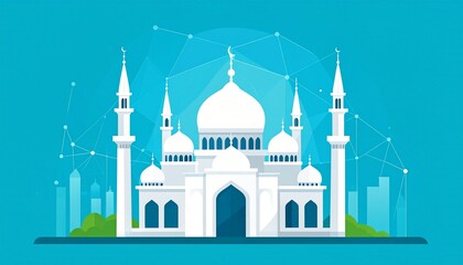 Fototapeta premium Modern white mosque with domes and minarets digital illustration futuristic cityscape background