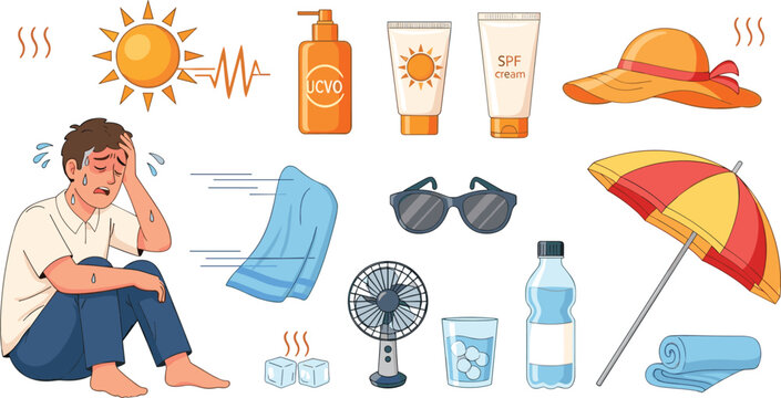 Summer heatwave survival icons set with sunscreen, fan, water and sun protection
