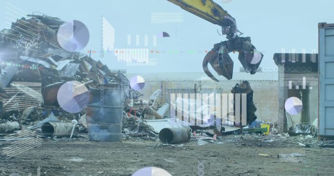 Animation of infographic interface over scrap shearing machine pilling up metal scrap