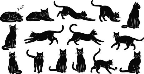 Obraz premium Set of Cat Silhouette Illustrations Featuring Sleeping, Sitting, Stretching, Walking, Running, and Playing Poses in Stylized Artwork