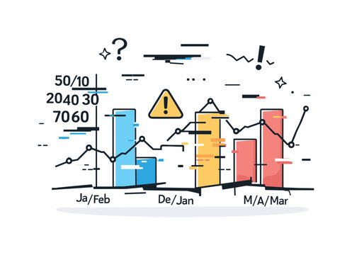 Data visualization error. A chart with broken axes, overlapping numbers, and glitch effects, conveying confusion and inaccuracy. Modern