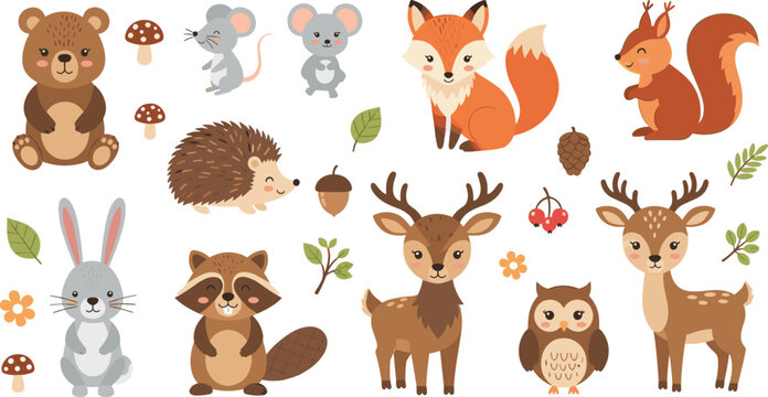 Woodland forest animals clipart set with bear, fox, deer, rabbit and owlWoodland forest animals clipart set with bear, fox, deer, rabbit and owl