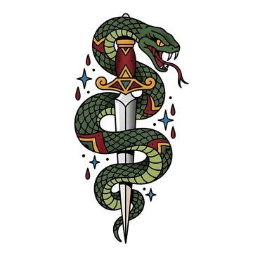 Vibrant snake wrapped around dagger with colorful starburst elements