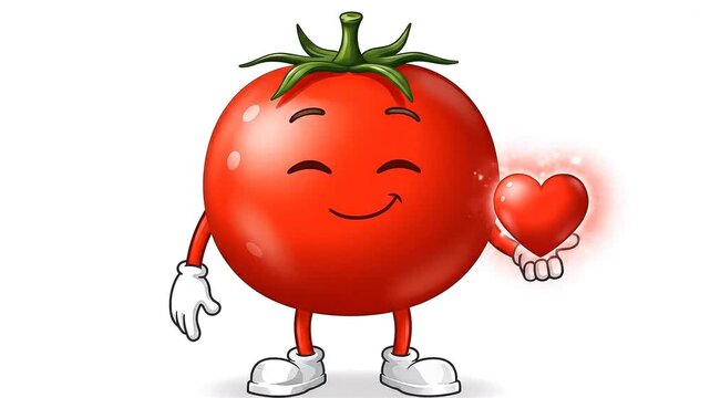 Cute cartoon tomato holding heart love happy smiling. Adorable 3D cartoon illustration of a cheerful anthropomorphic tomato character with closed happy eyes, gentle smile