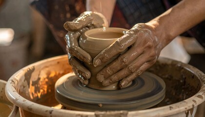 Fototapeta premium Hands shaping clay on a pottery wheel creating a unique ceramic piece