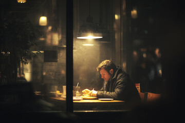 Obraz premium Person eating alone late in the evening with a quiet moody atmosphere