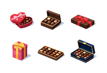 Obraz premium RomanticTreats. Isometric flat vector icons set of RomanticTreats: heart chocolate box, chocolate truffles box, ribbon-tied chocolates,