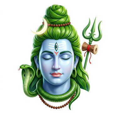 Lord Shiva Mahadev Face Illustration with Third Eye Tilak, Crescent Moon, Trishul and Damru with Cobra Snake Necklace Isolated on White Background for Hindu Religion Festival Poster Banner Design