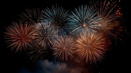 Vibrant colorful fireworks bursting in the dark night sky creating dazzling patterns and illuminating the darkness for a festive celeb n