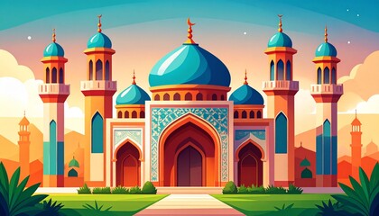 Fototapeta premium Illuminated Islamic mosque at sunset with turquoise domes and intricate architecture in desert landscape