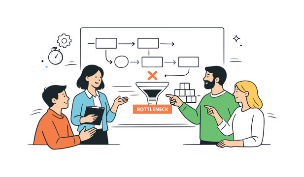 Production bottleneck analysis. A friendly collaboration scene with team members discussing process flow charts and pointing at constraints.