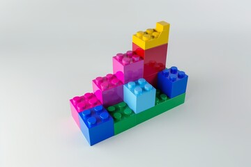 Fototapeta premium Colorful Lego block graph with upward trend on white background, 3D cartoon style minimalistic illustration