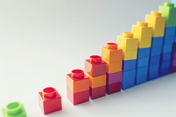 Fototapeta premium Colorful Lego block graph with upward trend on white background, 3D cartoon style minimalistic illustration