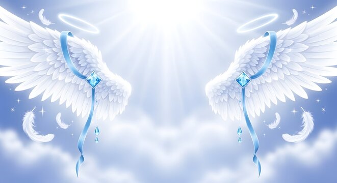 Bright heavenly light illuminating white angel wings adorned with blue ribbons and glowing halo floating above soft clouds with sparkling feathers and blue gemstone drops