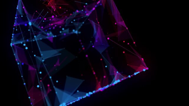 Abstract background 3D digital color wireframe cube rotate. 3D algorithm blockchain grid dinamic blocks. Big data. Multi core box. Artificial intelligence design.