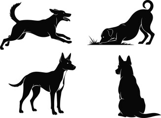 Set of vector black dog silhouettes depicting various active poses including running digging standing and sitting isolated on white background for pet design.