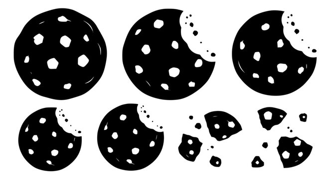 Bitten chocolate chip cookie black silhouette vector collection