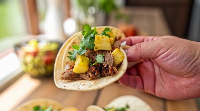 Close-up of a hand adding succulent slow-cooked pulled pork and fresh pineapple chunks to warm corn tortillas for delicious Mexican street tacos on a rustic wooden table