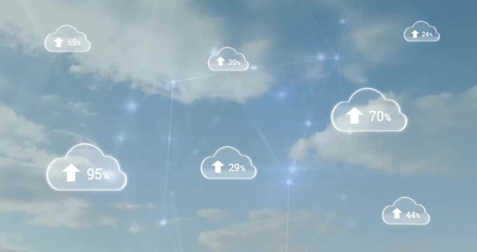 Animation of network of connections with digital clouds over blue sky and clouds