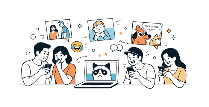 Memes Shaping Culture. The impact of internet memes on popular culture. People sharing and reacting to meme  s on phones and laptops, light humor shaping