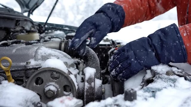 Winter car repair hands in blue gloves check engine covered in fresh snow automotive breakdown service cold weather maintenance mechanic assistance vehicle problem