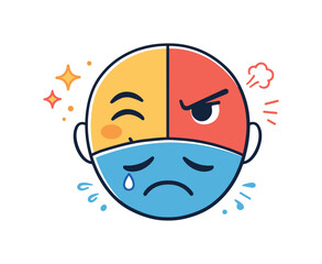 Obraz premium Human emotions concept. A face divided into sections showing joy, sadness, and anger, with expressive eyebrows and mouth shapes clearly