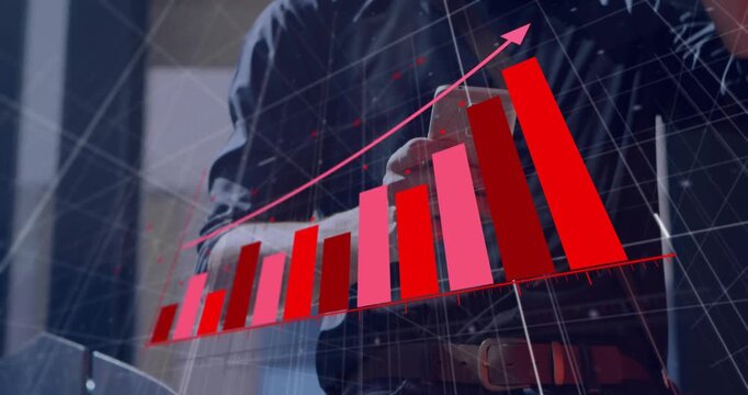 man using smartphone in tech office, viewing holographic bar chart with rising arrow and gridlines