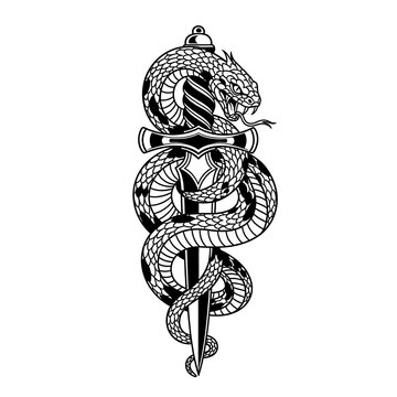 Snake wrapped around sword with fierce expression