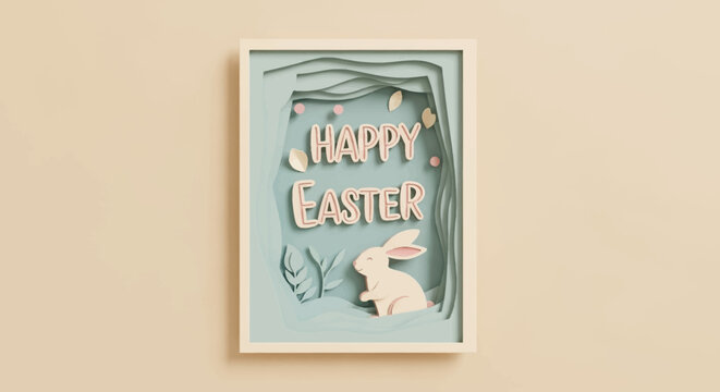 Delightful Easter Scene in a Shadow Box Frame Featuring a Whimsical Bunny and Festive Spring Decorations, Perfect for Holiday Greetings