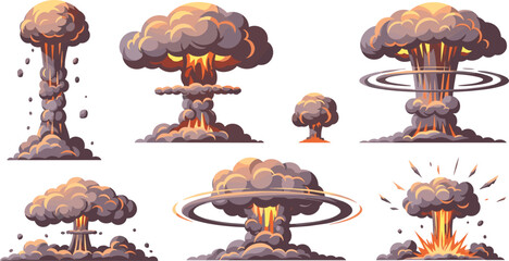 Cartoon nuclear explosion mushroom cloud set with smoke fire blast illustration icons © EdGe Creative