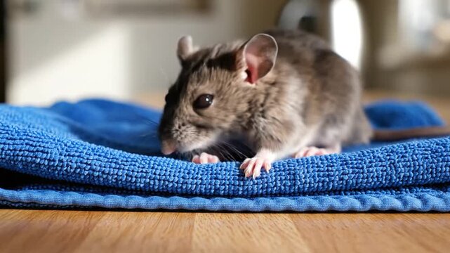 Curious mouse on blue towel indoors