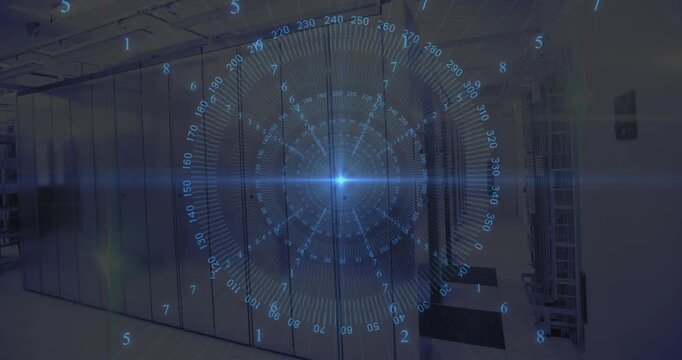 Holographic interface appearing then sweeping beam and rotating dial visualizing server data