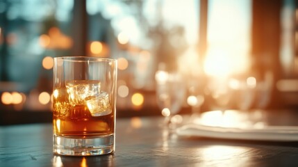 A glass of chilled whiskey on ice sits elegantly with a warm sunset glow, inviting moment of relaxation and indulgence, representing luxury and enjoyment in everyday life.