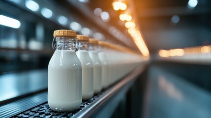 A visually appealing image of glass bottles filled with fresh milk lined perfectly on a production line, highlighting the dairy industry and the process of bottling.