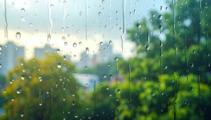 Raindrops on window with blurred cityscape and green trees creating a serene view