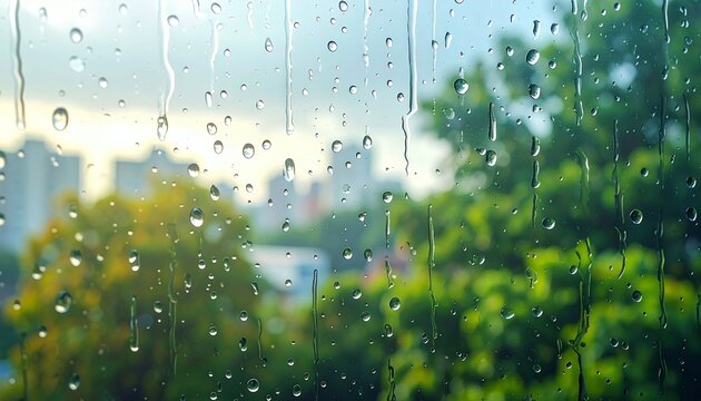 Raindrops on window with blurred cityscape and green trees creating a serene view